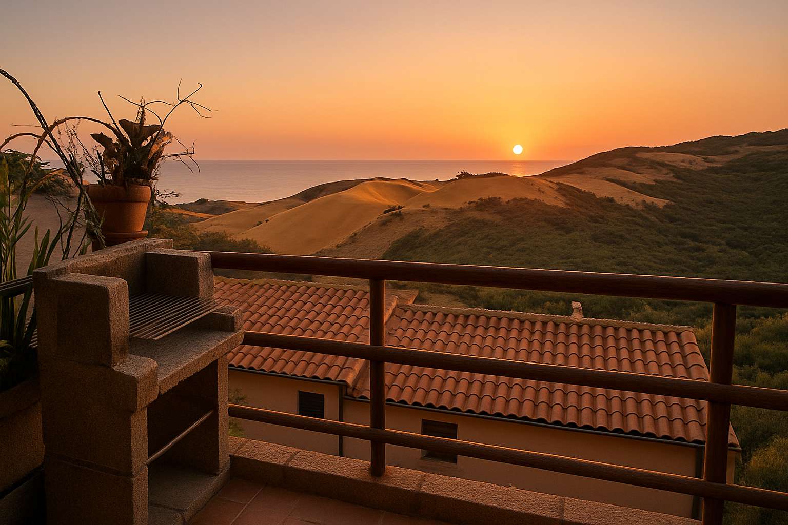 Terrasse mit gemauertem Grill und Blick auf Dünen und Meer bei Sonnenuntergang