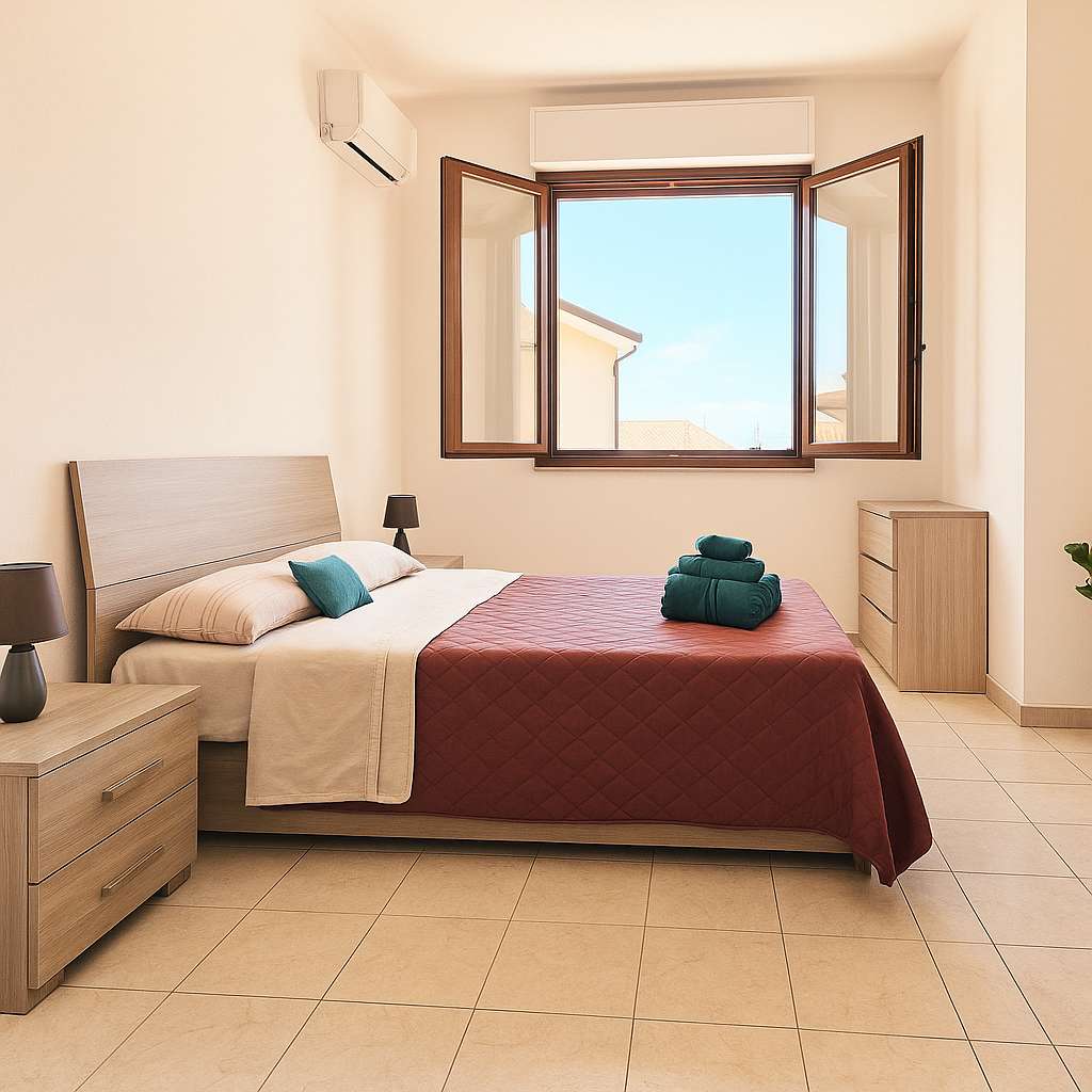 Chambre double lumineuse avec fenêtre, tables de chevet et serviettes sur le lit