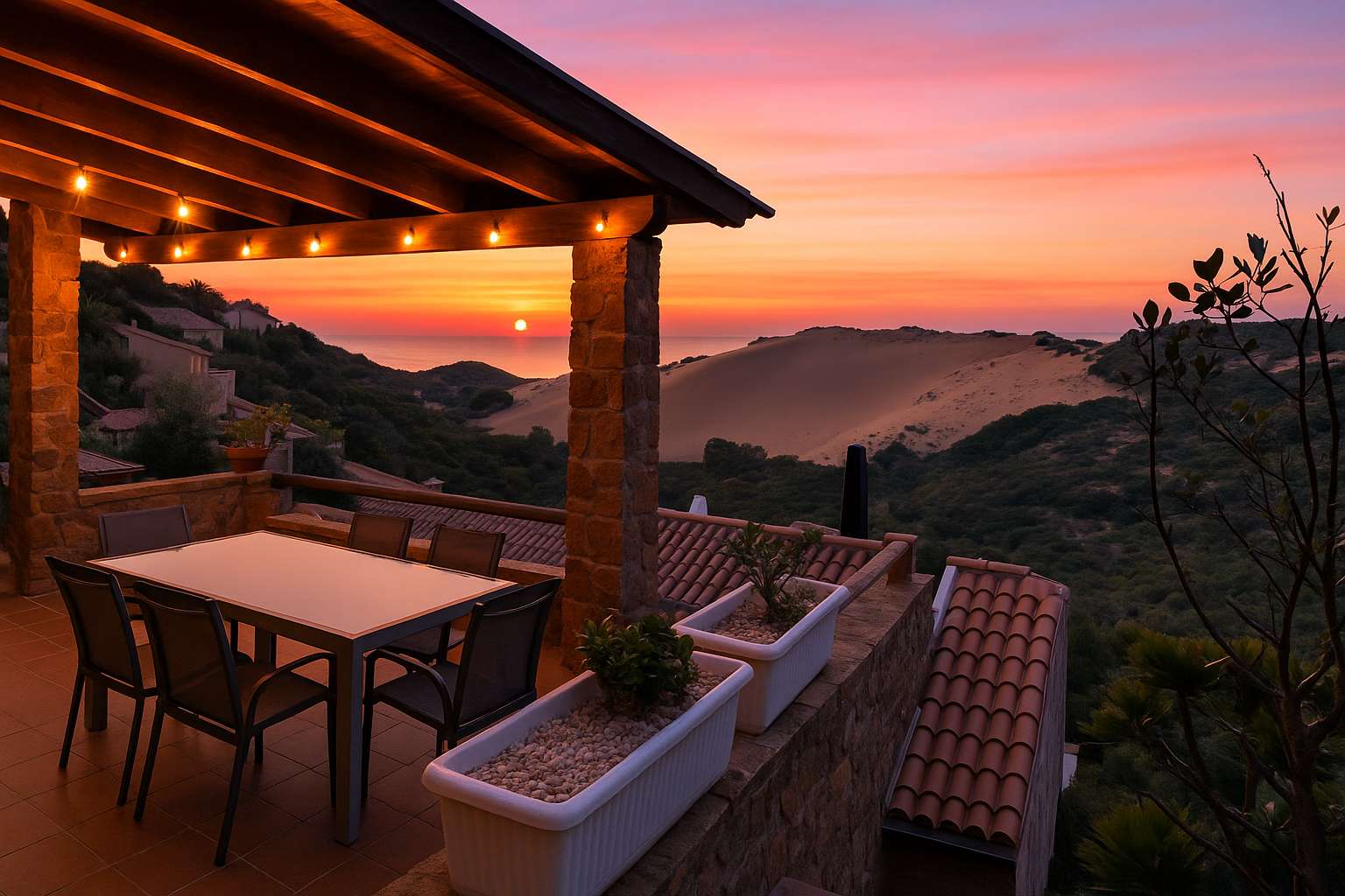 Portico della terrazza con tavolo e sedie, luci appese e tramonto sul mare