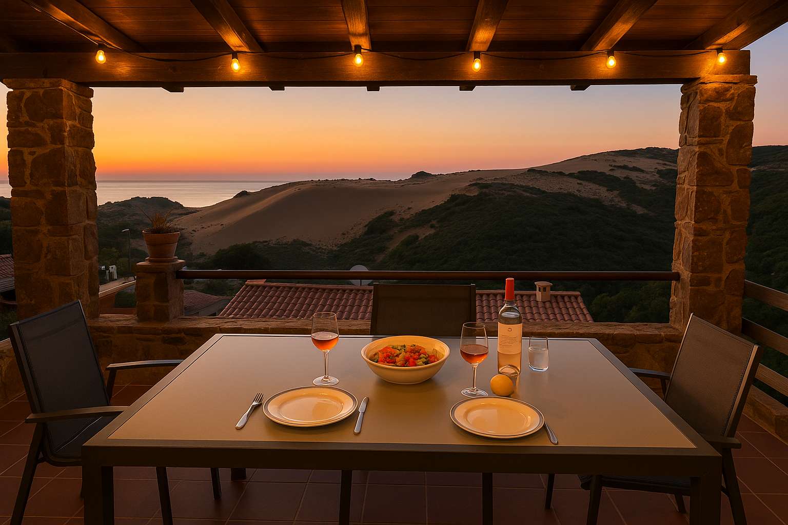Tavolo apparecchiato per la cena sulla terrazza, con vista su dune e mare