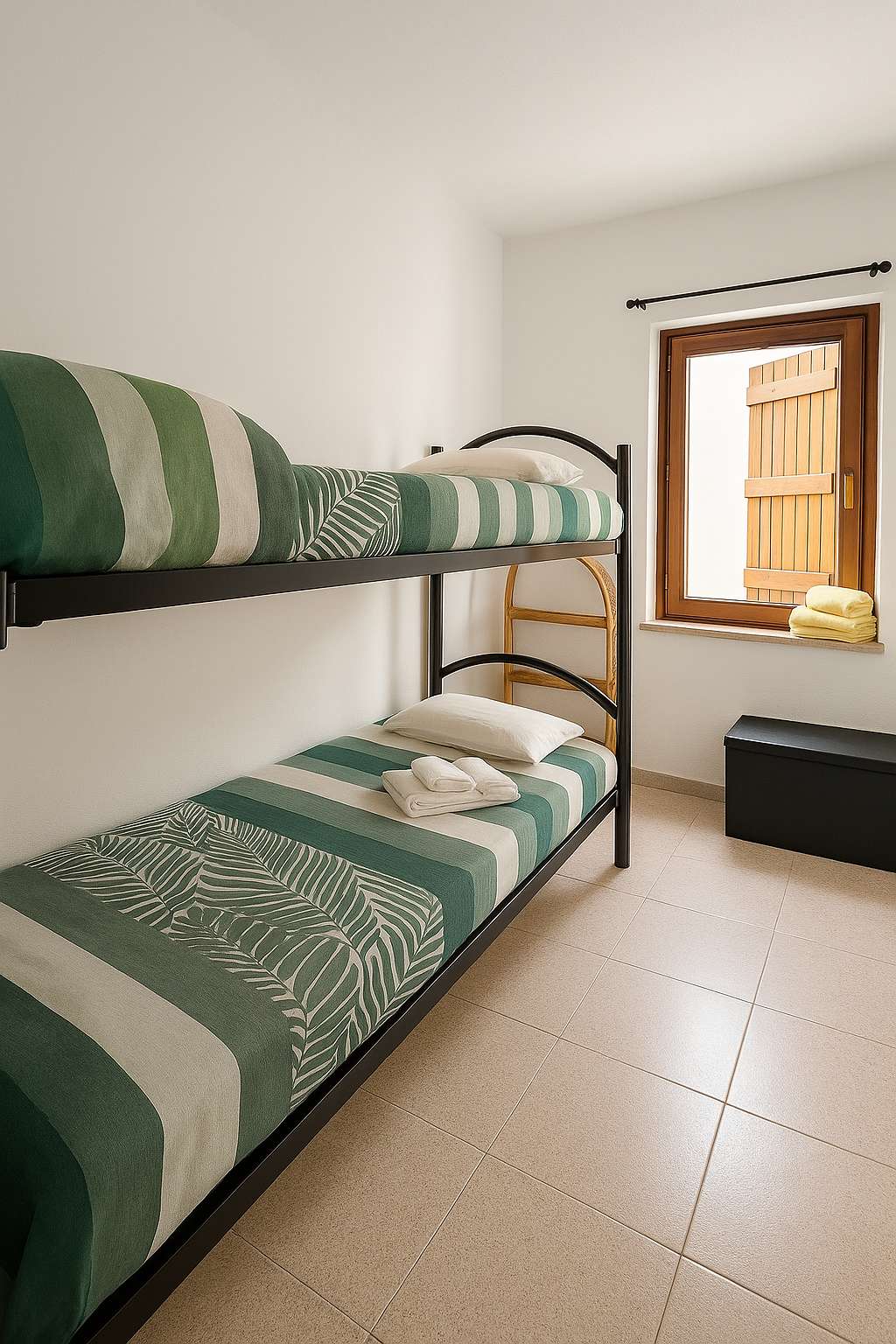 Letto a castello con lenzuola a righe verdi accanto alla finestra