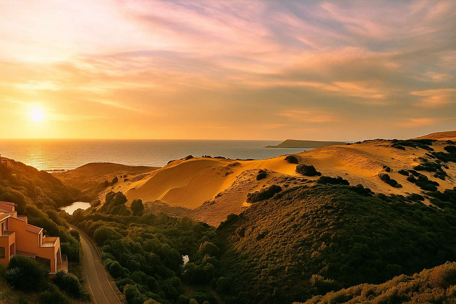 Blick auf die Küste mit Dünen, Vegetation und Meer bei Sonnenuntergang